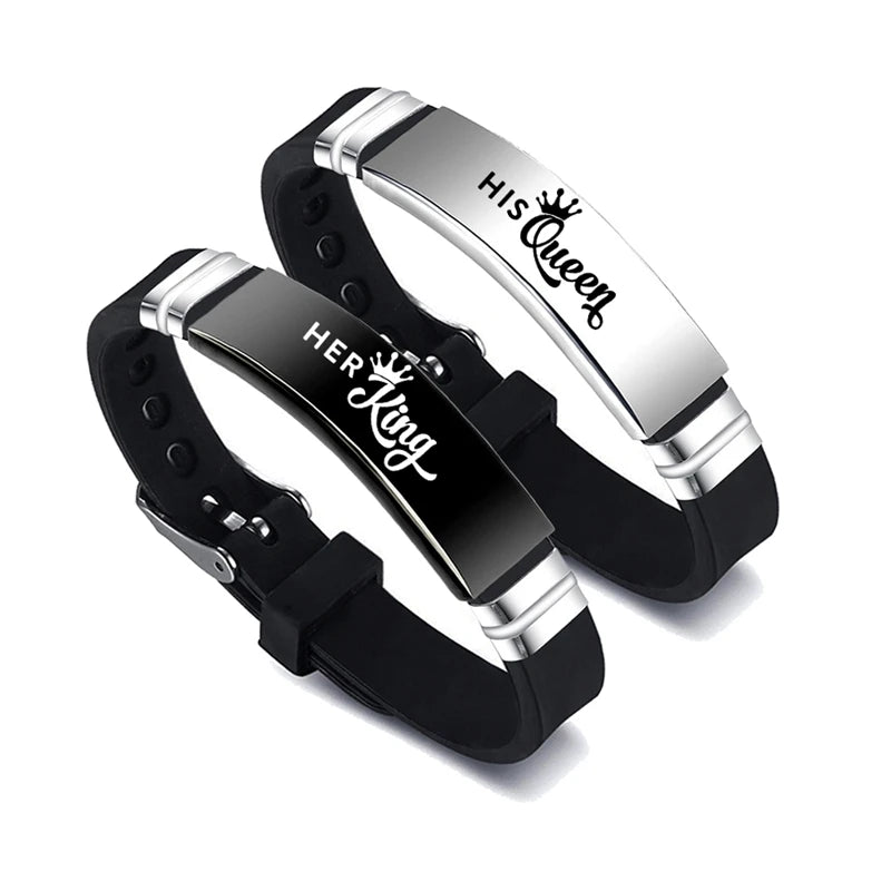 A two-piece set of "His Queen" and "Her King" couple bracelets, crafted from stainless steel with adjustable silicone straps, ideal as a Valentine's Day gift.