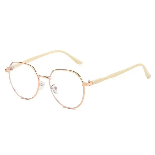 Clear Glasses for Women: Polygonal Metal Frame Eyeglasses with Flat Mirror Lenses, Designed for Girls, Featuring Anti-Blue Light Technology and Fashionable Eyewear Aesthetics.