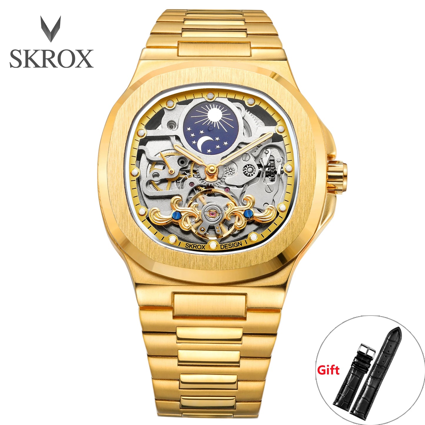 Introducing the SKROX Executive Timepiece, a sophisticated men's watch featuring a sapphire crystal, stainless steel construction, and an intricate skeleton moon phase dial. This classic automatic movement watch is designed for the discerning gentleman.