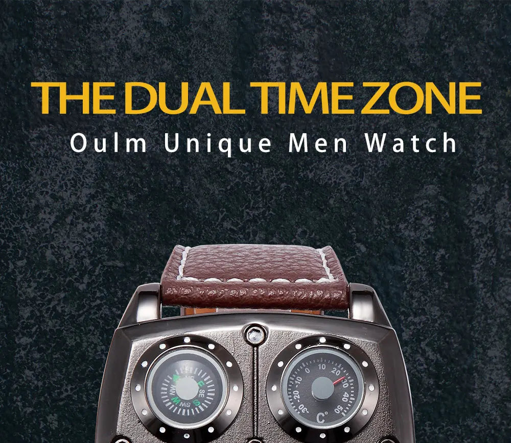 Introducing the latest Oulm Men's Watch, a robust timepiece designed for outdoor enthusiasts. This model features a prominent dial with dual time zone functionality, a military-inspired aesthetic, and a durable leather strap, all powered by a precise quar
