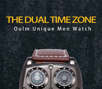 Introducing the latest Oulm Men's Watch, a robust timepiece designed for outdoor enthusiasts. This model features a prominent dial with dual time zone functionality, a military-inspired aesthetic, and a durable leather strap, all powered by a precise quar