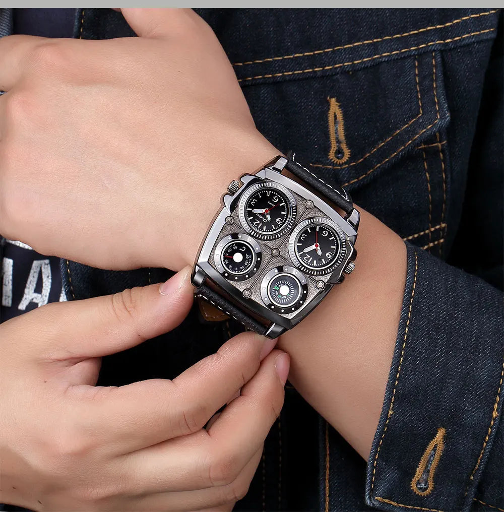 Introducing the latest Oulm Men's Watch, a robust timepiece designed for outdoor enthusiasts. This model features a prominent dial with dual time zone functionality, a military-inspired aesthetic, and a durable leather strap, all powered by a precise quar
