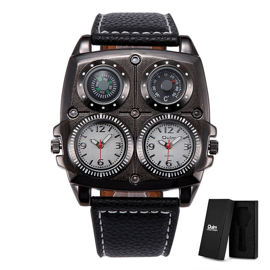 Introducing the latest Oulm Men's Watch, a robust timepiece designed for outdoor enthusiasts. This model features a prominent dial with dual time zone functionality, a military-inspired aesthetic, and a durable leather strap, all powered by a precise quar