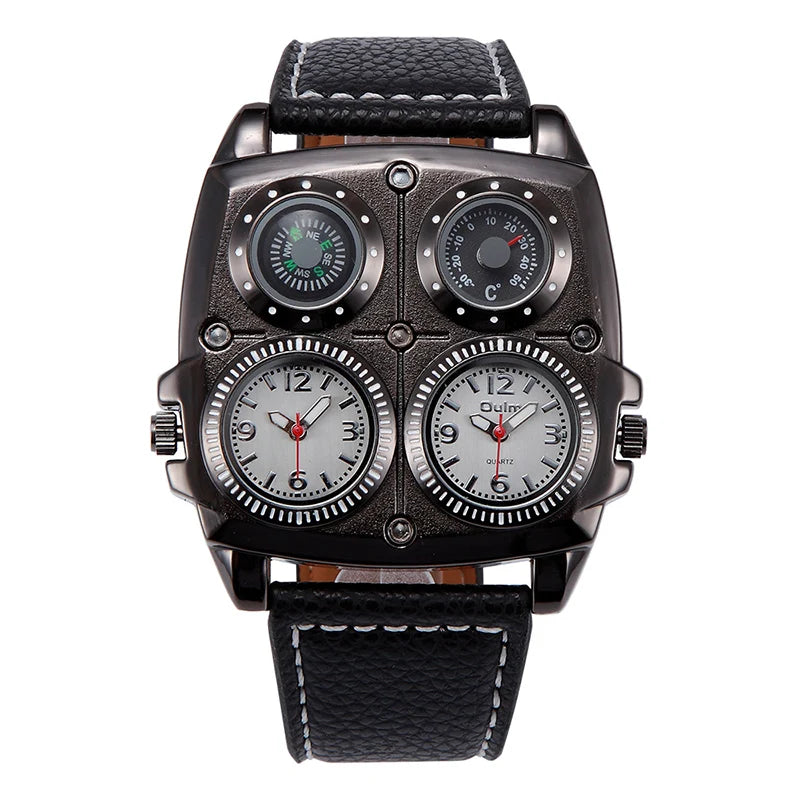 Introducing the latest Oulm Men's Watch, a robust timepiece designed for outdoor enthusiasts. This model features a prominent dial with dual time zone functionality, a military-inspired aesthetic, and a durable leather strap, all powered by a precise quar