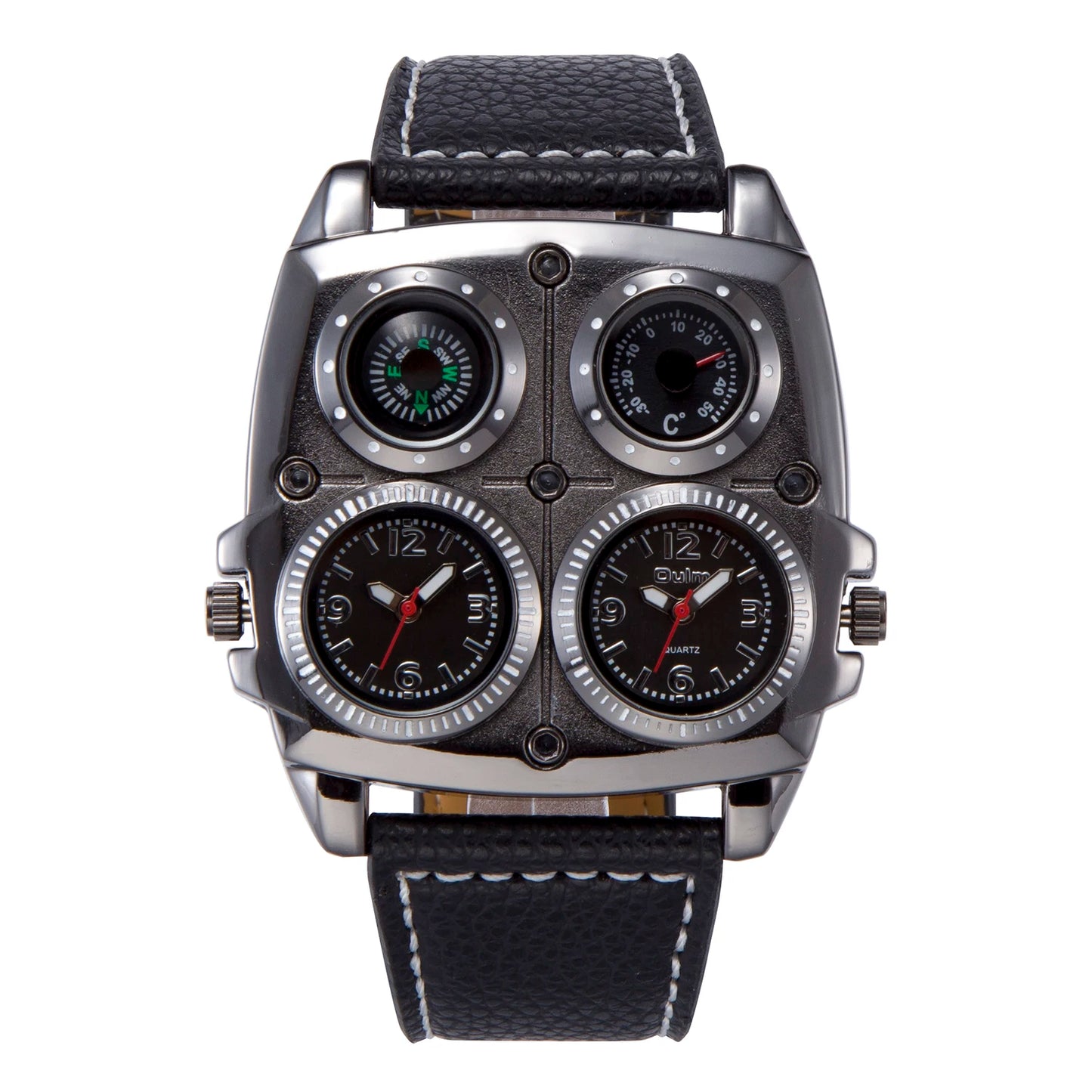 Introducing the latest Oulm Men's Watch, a robust timepiece designed for outdoor enthusiasts. This model features a prominent dial with dual time zone functionality, a military-inspired aesthetic, and a durable leather strap, all powered by a precise quar