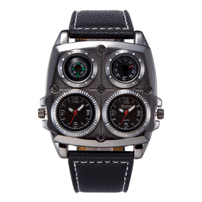 Introducing the latest Oulm Men's Watch, a robust timepiece designed for outdoor enthusiasts. This model features a prominent dial with dual time zone functionality, a military-inspired aesthetic, and a durable leather strap, all powered by a precise quar