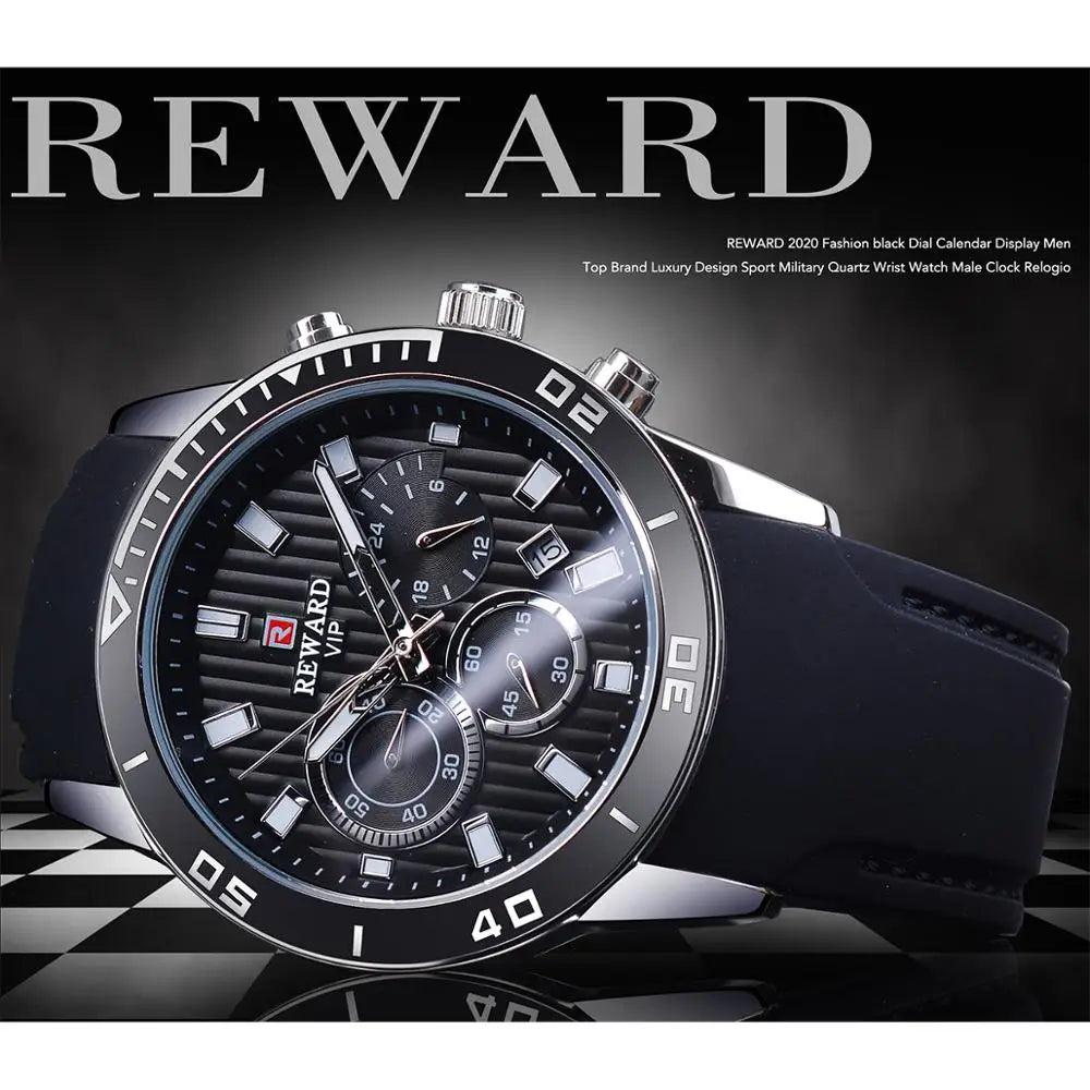 Reward Top Luxury Brand Waterproof Sport Chronograph Quartz Watch Black Date Mens Watches Luminous Hand Silicone Band Wristwatch