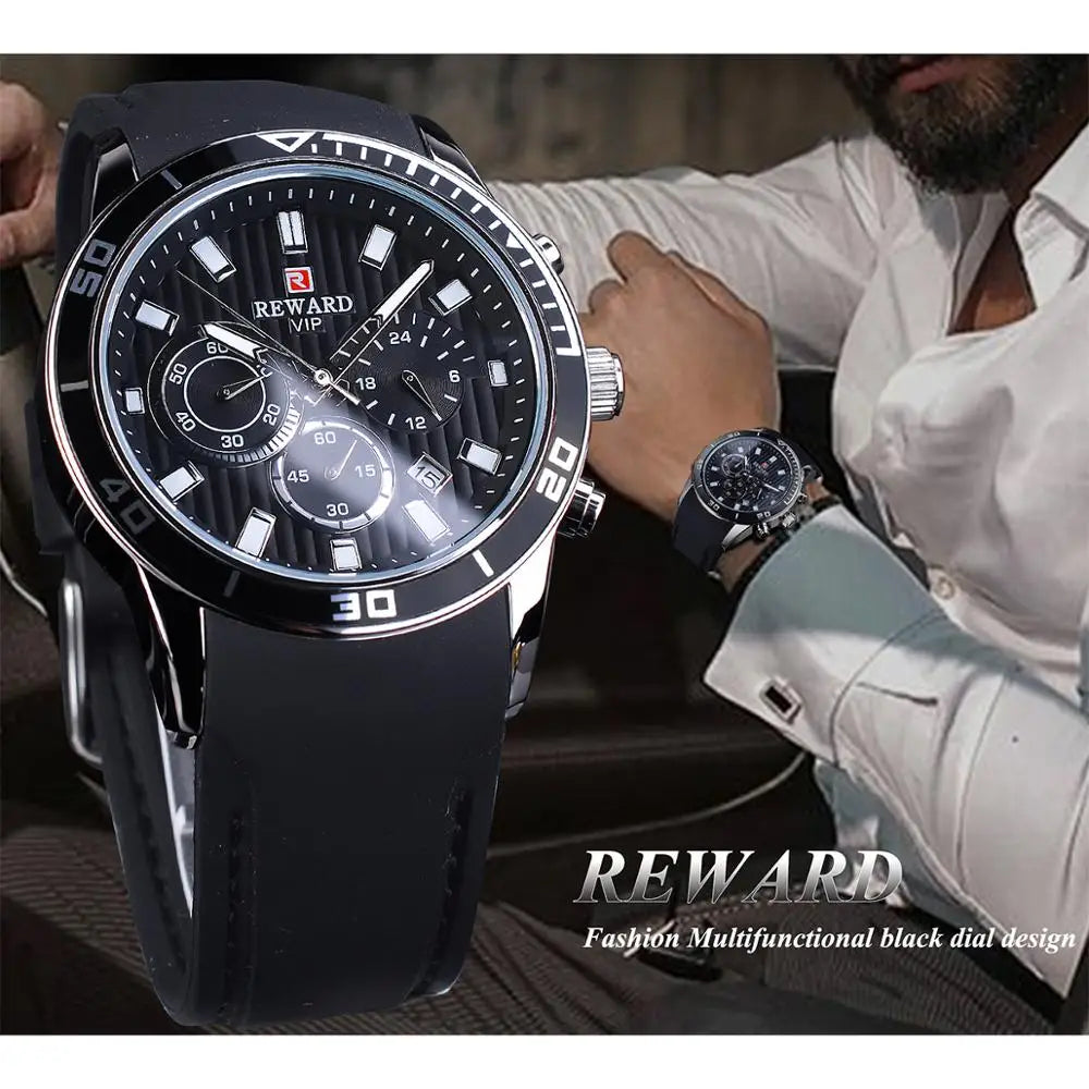 Reward Top Luxury Brand Waterproof Sport Chronograph Quartz Watch Black Date Mens Watches Luminous Hand Silicone Band Wristwatch