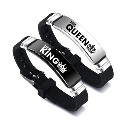 A two-piece set of "His Queen" and "Her King" couple bracelets, crafted from stainless steel with adjustable silicone straps, ideal as a Valentine's Day gift.