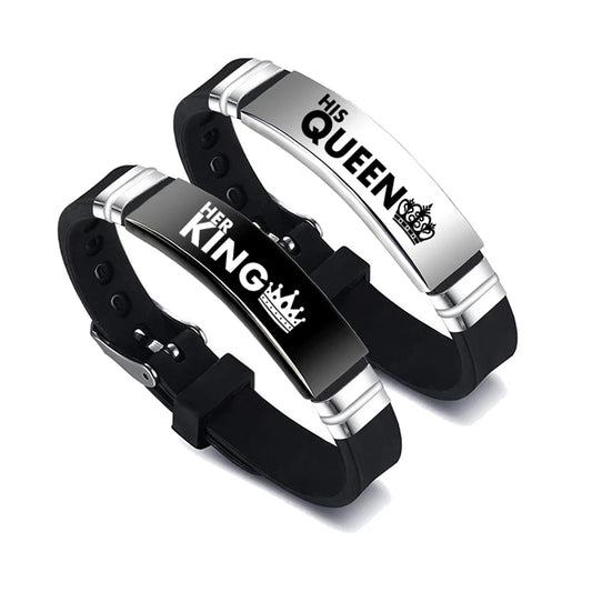 A two-piece set of "His Queen" and "Her King" couple bracelets, crafted from stainless steel with adjustable silicone straps, ideal as a Valentine's Day gift.
