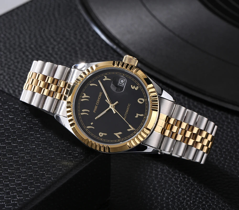 Dubai Watches Automatic Arabic Numbers Muslim Wristwatch Stainless Steel Waterproof Mechanical Erkek Kol Saati Reloj árabe