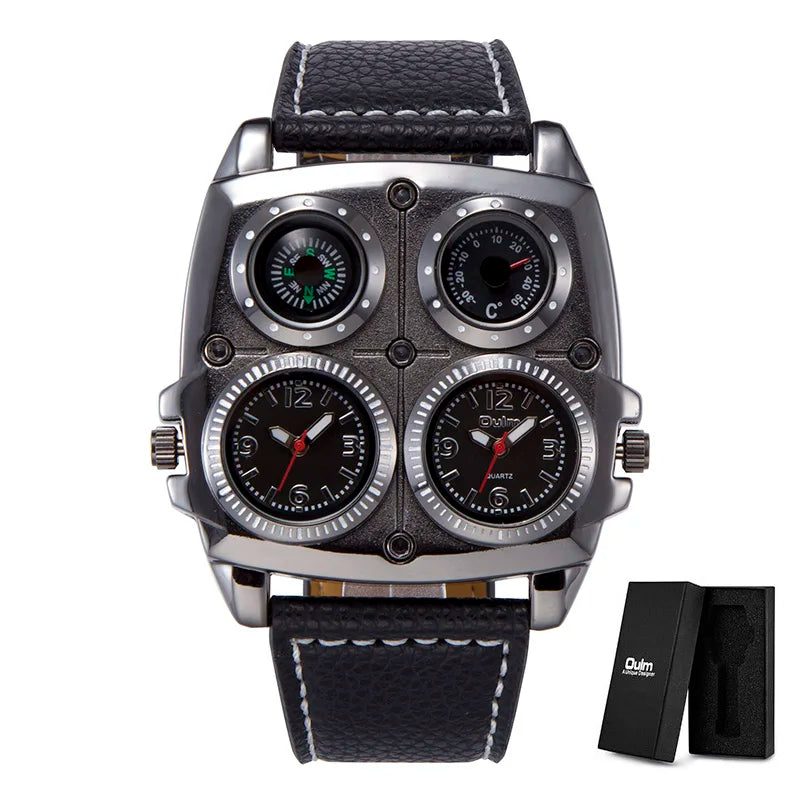 Introducing the latest Oulm Men's Watch, a robust timepiece designed for outdoor enthusiasts. This model features a prominent dial with dual time zone functionality, a military-inspired aesthetic, and a durable leather strap, all powered by a precise quar