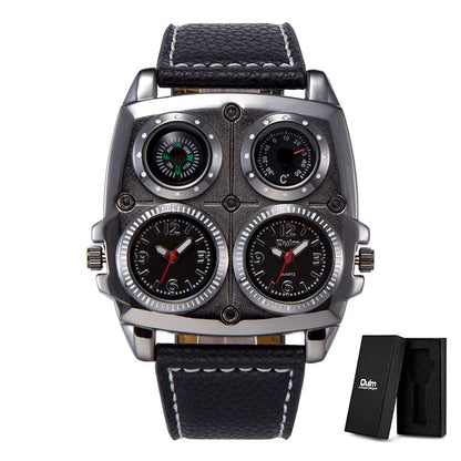 Introducing the latest Oulm Men's Watch, a robust timepiece designed for outdoor enthusiasts. This model features a prominent dial with dual time zone functionality, a military-inspired aesthetic, and a durable leather strap, all powered by a precise quar
