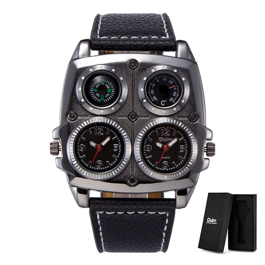 Introducing the latest Oulm Men's Watch, a robust timepiece designed for outdoor enthusiasts. This model features a prominent dial with dual time zone functionality, a military-inspired aesthetic, and a durable leather strap, all powered by a precise quar