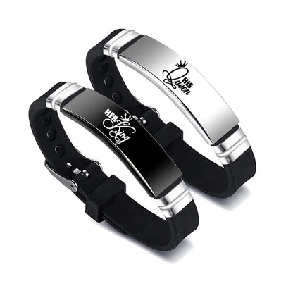 A two-piece set of "His Queen" and "Her King" couple bracelets, crafted from stainless steel with adjustable silicone straps, ideal as a Valentine's Day gift.