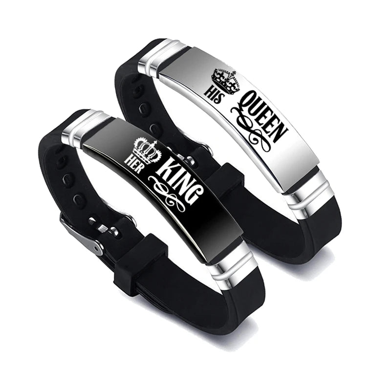 A two-piece set of "His Queen" and "Her King" couple bracelets, crafted from stainless steel with adjustable silicone straps, ideal as a Valentine's Day gift.