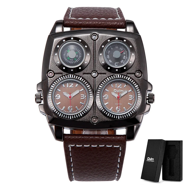 Introducing the latest Oulm Men's Watch, a robust timepiece designed for outdoor enthusiasts. This model features a prominent dial with dual time zone functionality, a military-inspired aesthetic, and a durable leather strap, all powered by a precise quar