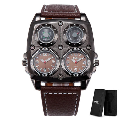 Introducing the latest Oulm Men's Watch, a robust timepiece designed for outdoor enthusiasts. This model features a prominent dial with dual time zone functionality, a military-inspired aesthetic, and a durable leather strap, all powered by a precise quar