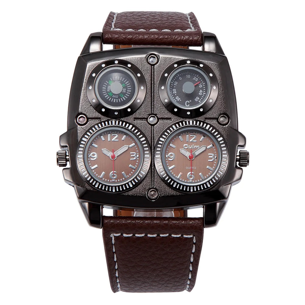 Introducing the latest Oulm Men's Watch, a robust timepiece designed for outdoor enthusiasts. This model features a prominent dial with dual time zone functionality, a military-inspired aesthetic, and a durable leather strap, all powered by a precise quar