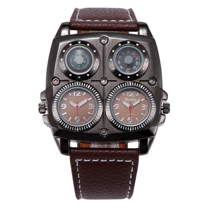 Introducing the latest Oulm Men's Watch, a robust timepiece designed for outdoor enthusiasts. This model features a prominent dial with dual time zone functionality, a military-inspired aesthetic, and a durable leather strap, all powered by a precise quar