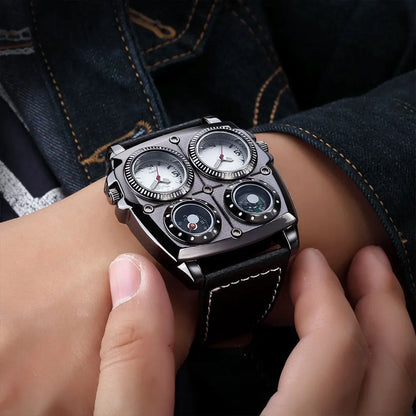 Introducing the latest Oulm Men's Watch, a robust timepiece designed for outdoor enthusiasts. This model features a prominent dial with dual time zone functionality, a military-inspired aesthetic, and a durable leather strap, all powered by a precise quar