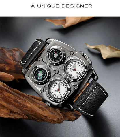 Introducing the latest Oulm Men's Watch, a robust timepiece designed for outdoor enthusiasts. This model features a prominent dial with dual time zone functionality, a military-inspired aesthetic, and a durable leather strap, all powered by a precise quar