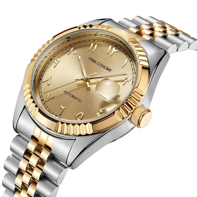 Dubai Watches Automatic Arabic Numbers Muslim Wristwatch Stainless Steel Waterproof Mechanical Erkek Kol Saati Reloj árabe