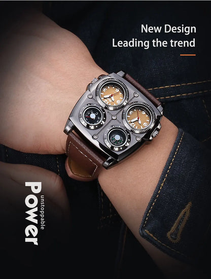 Introducing the latest Oulm Men's Watch, a robust timepiece designed for outdoor enthusiasts. This model features a prominent dial with dual time zone functionality, a military-inspired aesthetic, and a durable leather strap, all powered by a precise quar