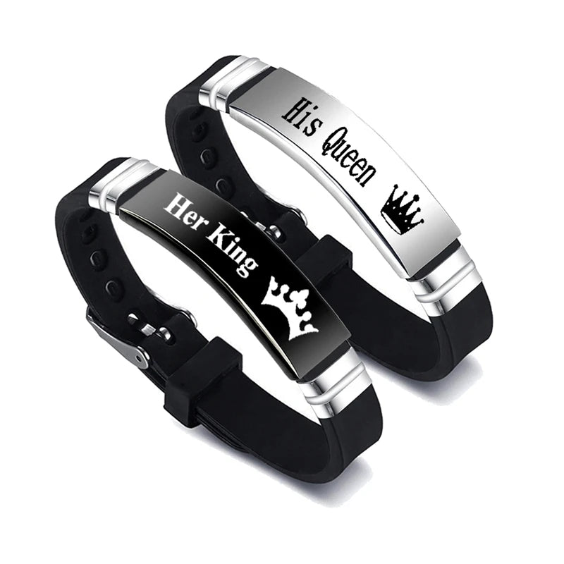 A two-piece set of "His Queen" and "Her King" couple bracelets, crafted from stainless steel with adjustable silicone straps, ideal as a Valentine's Day gift.