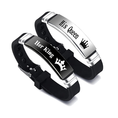 A two-piece set of "His Queen" and "Her King" couple bracelets, crafted from stainless steel with adjustable silicone straps, ideal as a Valentine's Day gift.