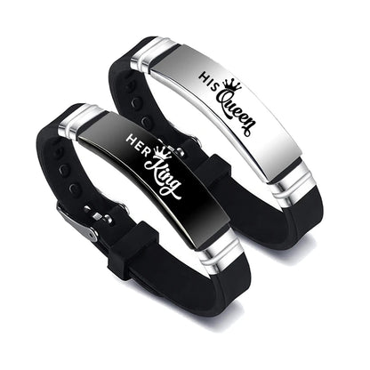 A two-piece set of "His Queen" and "Her King" couple bracelets, crafted from stainless steel with adjustable silicone straps, ideal as a Valentine's Day gift.