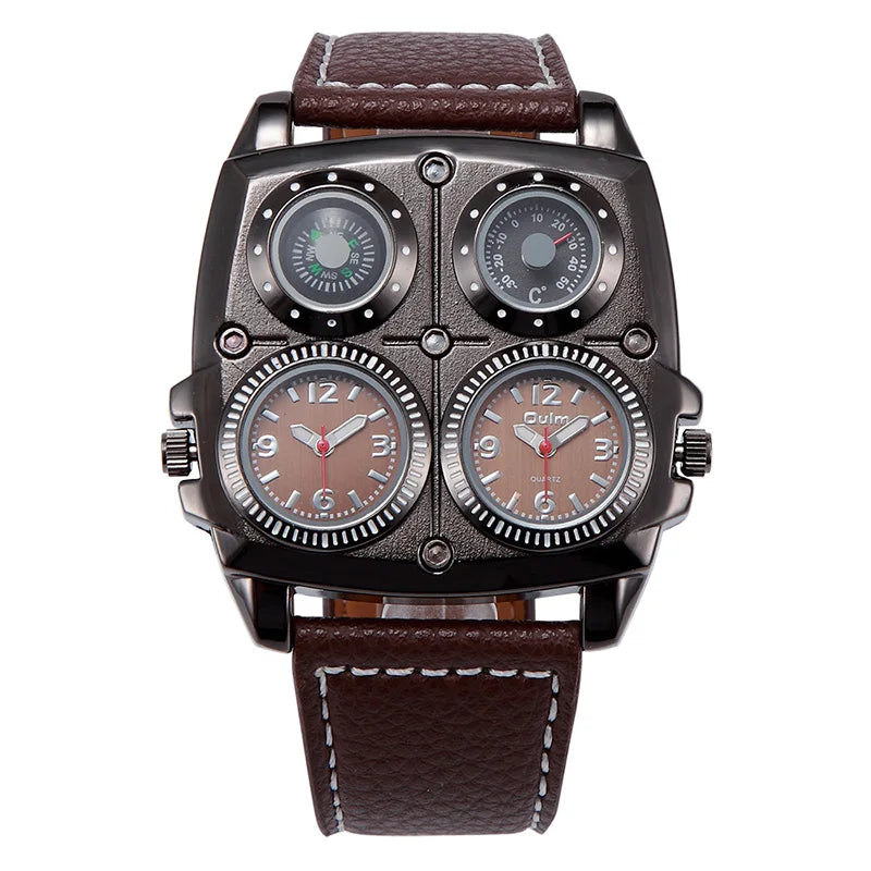 Introducing the latest Oulm Men's Watch, a robust timepiece designed for outdoor enthusiasts. This model features a prominent dial with dual time zone functionality, a military-inspired aesthetic, and a durable leather strap, all powered by a precise quar