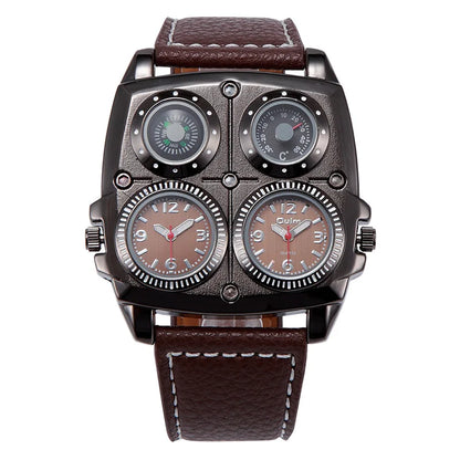 Introducing the latest Oulm Men's Watch, a robust timepiece designed for outdoor enthusiasts. This model features a prominent dial with dual time zone functionality, a military-inspired aesthetic, and a durable leather strap, all powered by a precise quar