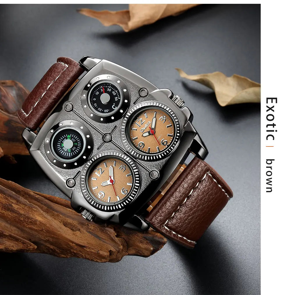 Introducing the latest Oulm Men's Watch, a robust timepiece designed for outdoor enthusiasts. This model features a prominent dial with dual time zone functionality, a military-inspired aesthetic, and a durable leather strap, all powered by a precise quar