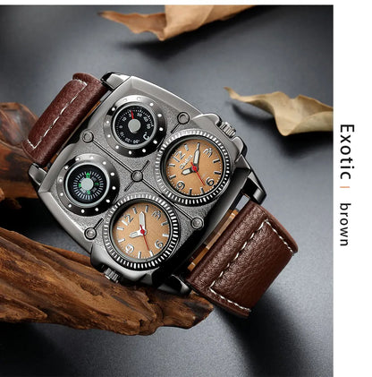 Introducing the latest Oulm Men's Watch, a robust timepiece designed for outdoor enthusiasts. This model features a prominent dial with dual time zone functionality, a military-inspired aesthetic, and a durable leather strap, all powered by a precise quar