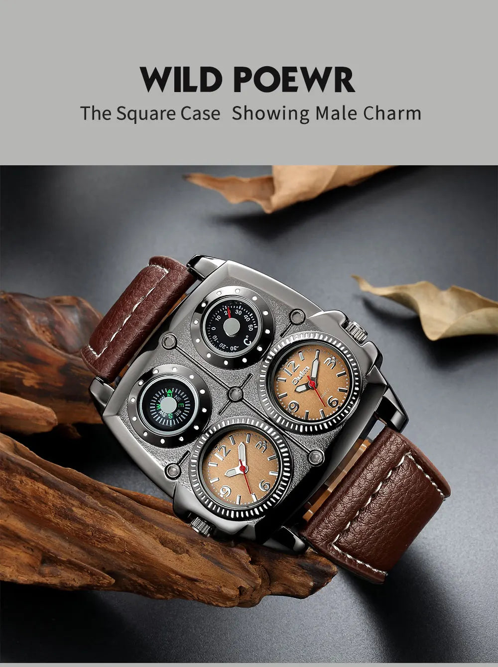 Introducing the latest Oulm Men's Watch, a robust timepiece designed for outdoor enthusiasts. This model features a prominent dial with dual time zone functionality, a military-inspired aesthetic, and a durable leather strap, all powered by a precise quar