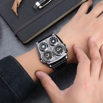 Introducing the latest Oulm Men's Watch, a robust timepiece designed for outdoor enthusiasts. This model features a prominent dial with dual time zone functionality, a military-inspired aesthetic, and a durable leather strap, all powered by a precise quar