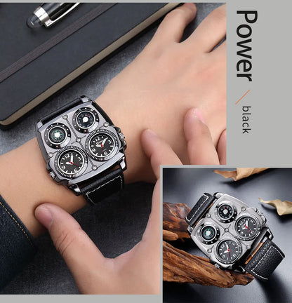 Introducing the latest Oulm Men's Watch, a robust timepiece designed for outdoor enthusiasts. This model features a prominent dial with dual time zone functionality, a military-inspired aesthetic, and a durable leather strap, all powered by a precise quar