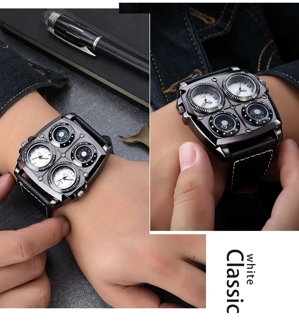 Introducing the latest Oulm Men's Watch, a robust timepiece designed for outdoor enthusiasts. This model features a prominent dial with dual time zone functionality, a military-inspired aesthetic, and a durable leather strap, all powered by a precise quar