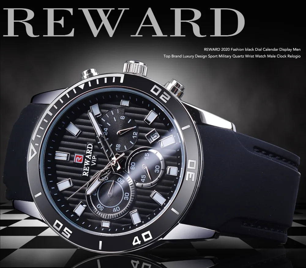 Reward Top Luxury Brand Waterproof Sport Chronograph Quartz Watch Black Date Mens Watches Luminous Hand Silicone Band Wristwatch