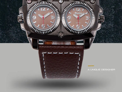 Introducing the latest Oulm Men's Watch, a robust timepiece designed for outdoor enthusiasts. This model features a prominent dial with dual time zone functionality, a military-inspired aesthetic, and a durable leather strap, all powered by a precise quar