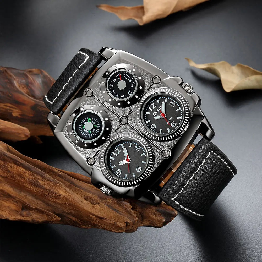 Introducing the latest Oulm Men's Watch, a robust timepiece designed for outdoor enthusiasts. This model features a prominent dial with dual time zone functionality, a military-inspired aesthetic, and a durable leather strap, all powered by a precise quar