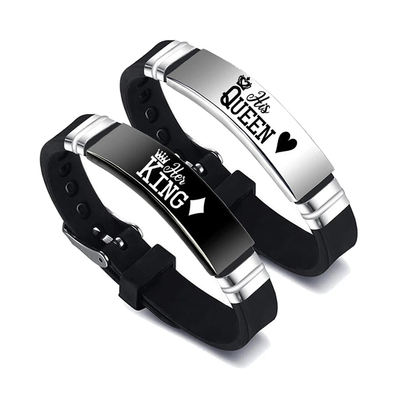 A two-piece set of "His Queen" and "Her King" couple bracelets, crafted from stainless steel with adjustable silicone straps, ideal as a Valentine's Day gift.