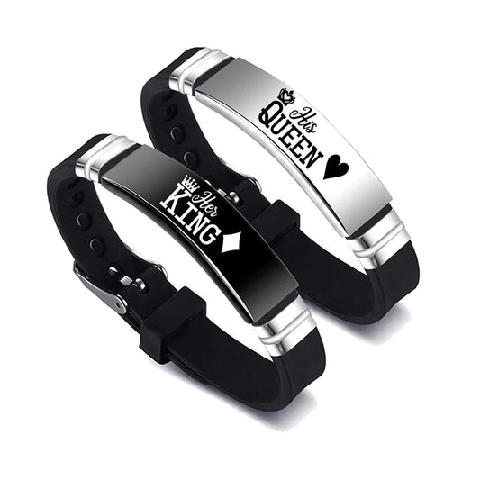 A two-piece set of "His Queen" and "Her King" couple bracelets, crafted from stainless steel with adjustable silicone straps, ideal as a Valentine's Day gift.