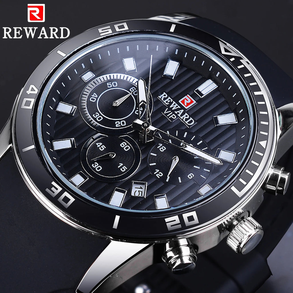 Reward Top Luxury Brand Waterproof Sport Chronograph Quartz Watch Black Date Mens Watches Luminous Hand Silicone Band Wristwatch