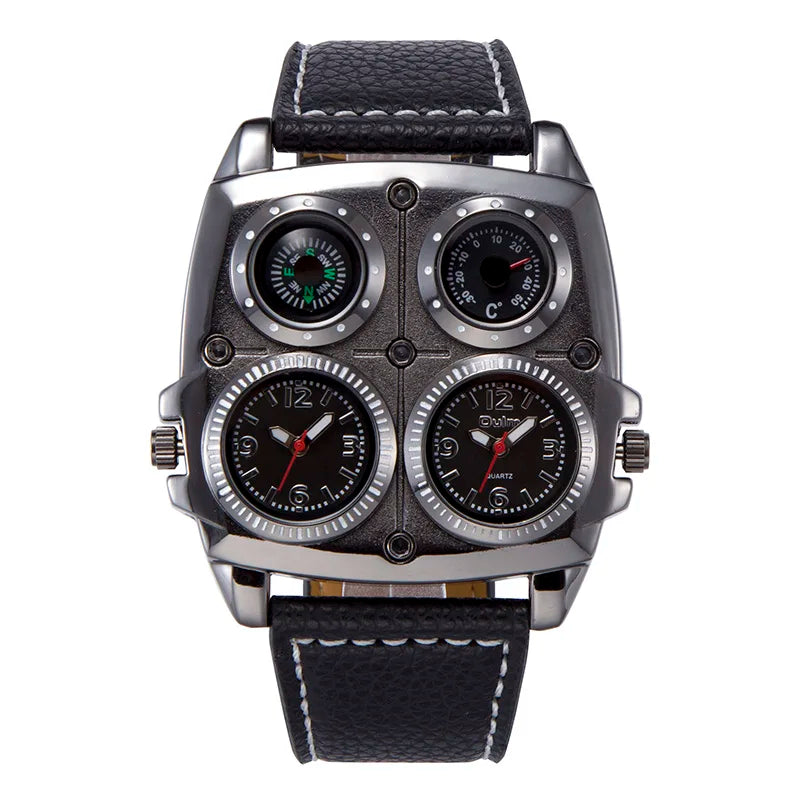 Introducing the latest Oulm Men's Watch, a robust timepiece designed for outdoor enthusiasts. This model features a prominent dial with dual time zone functionality, a military-inspired aesthetic, and a durable leather strap, all powered by a precise quar