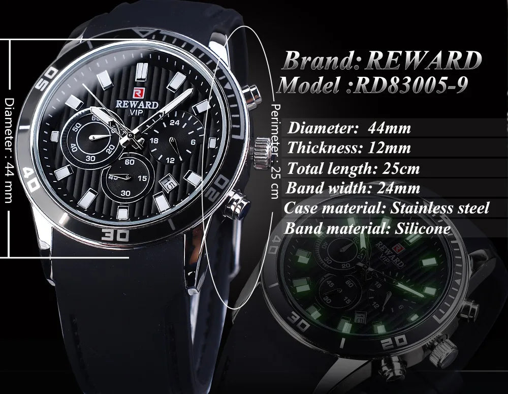 Reward Top Luxury Brand Waterproof Sport Chronograph Quartz Watch Black Date Mens Watches Luminous Hand Silicone Band Wristwatch