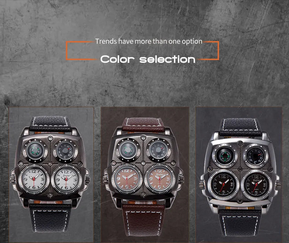 Introducing the latest Oulm Men's Watch, a robust timepiece designed for outdoor enthusiasts. This model features a prominent dial with dual time zone functionality, a military-inspired aesthetic, and a durable leather strap, all powered by a precise quar