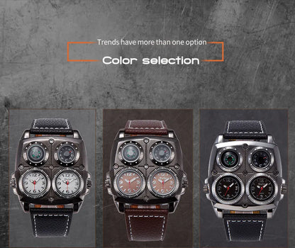 Introducing the latest Oulm Men's Watch, a robust timepiece designed for outdoor enthusiasts. This model features a prominent dial with dual time zone functionality, a military-inspired aesthetic, and a durable leather strap, all powered by a precise quar