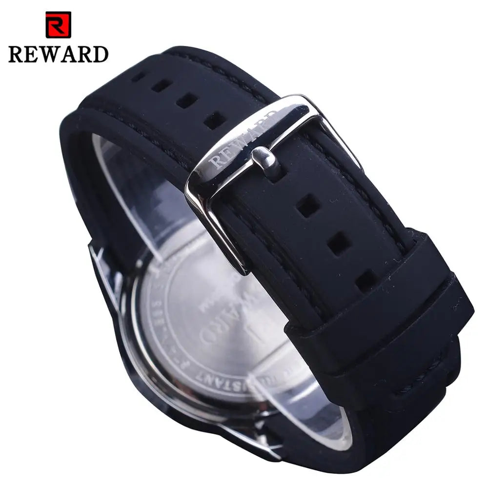 Reward Top Luxury Brand Waterproof Sport Chronograph Quartz Watch Black Date Mens Watches Luminous Hand Silicone Band Wristwatch